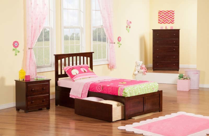 Mission Flat Panel Footboard With 2 Urban Bed Drawers, Antique Walnut, Twin Xl