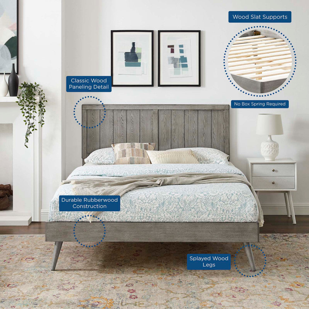 Platform Bed Frame, King Size, Wood, Gray, Modern Mid-Century, Bedroom