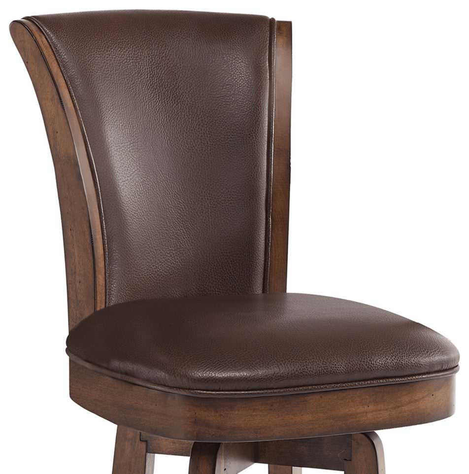 45" Brown Faux Leather And Solid Wood Swivel Bar Height Chair