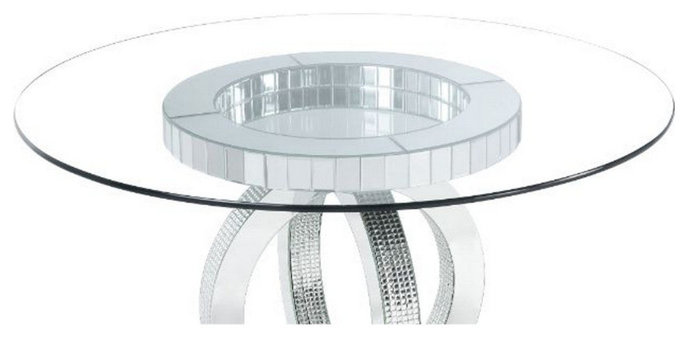 Benzara BM261677 Dining Table, Glass Top, Interloped Circular Mirror Base Silver