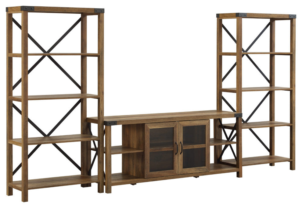 Metal X Accent Wall with 60" Glass Door TV Console - Rustic Oak