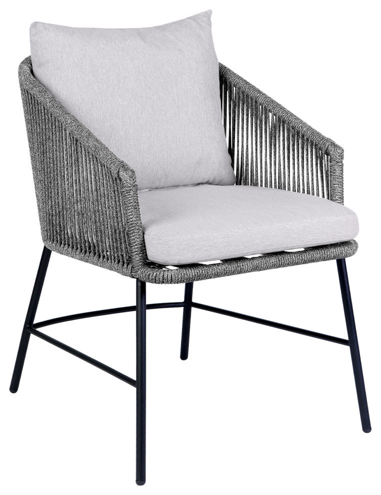 Calica Outdoor Patio Dining Chair, Black Metal And Gray Rope
