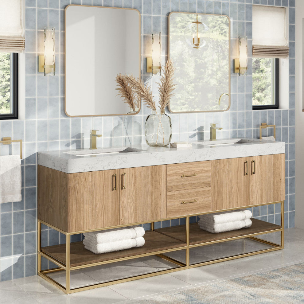 Bahia Bath Vanity, Oak, 72", Brushed Gold Hardware, Double, Freestanding
