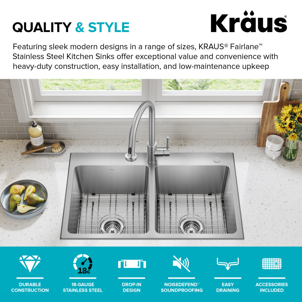 KRAUS Fairlane 33" Drop, / Top Mount 2-Bowl Stainless Steel Kitchen Sink