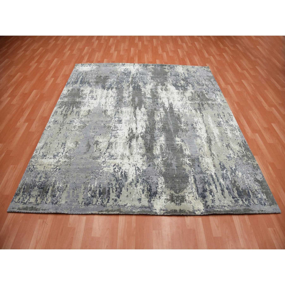 Charcoal Gray Wool and Silk Denser Weave Hand Knotted Square Rug, 8'0"x8'2"