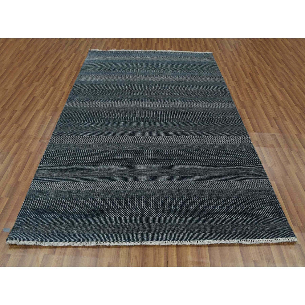 Yankees Blue, Wool and Silk Hand Knotted Grass Design Oriental Rug, 6'0"x9'0"