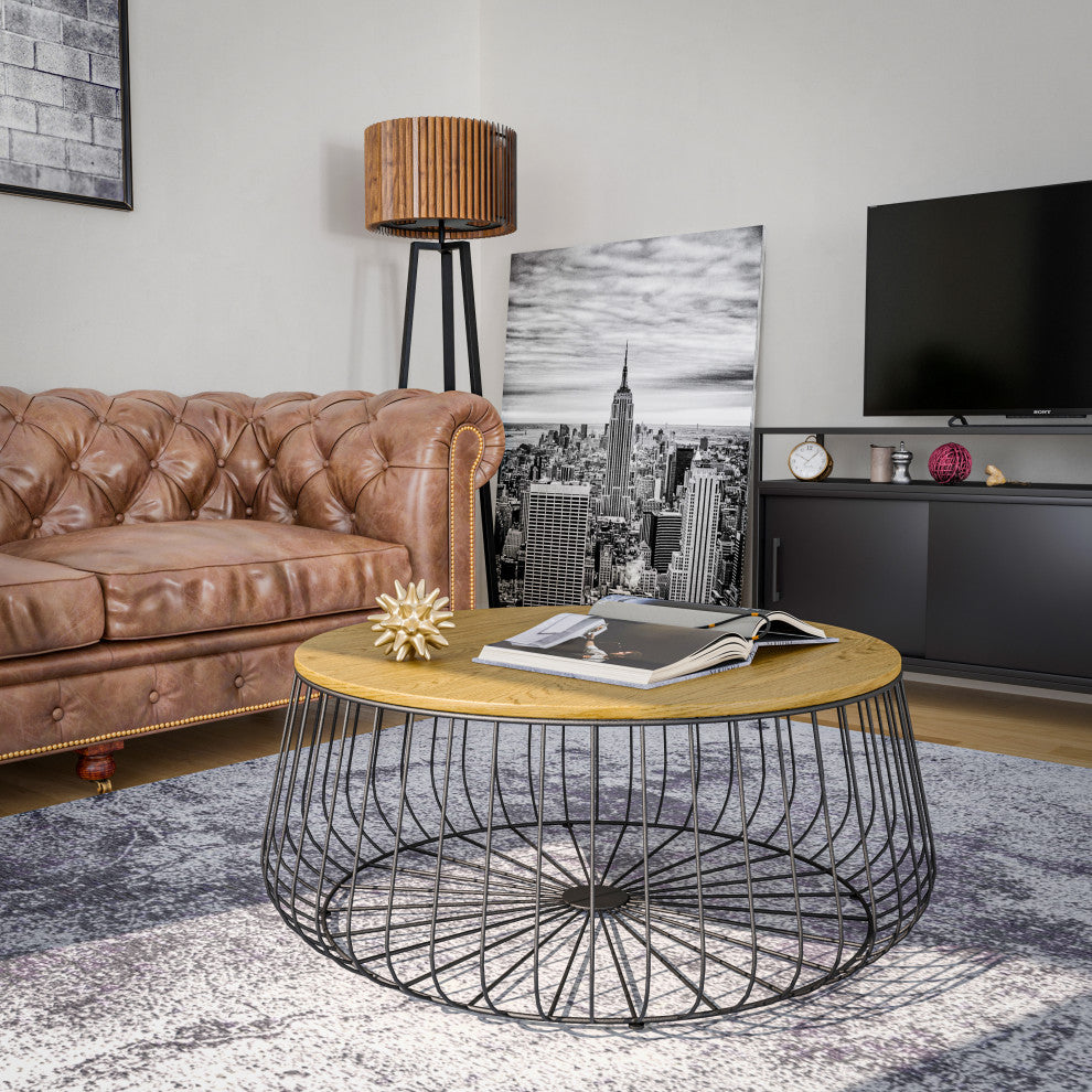 LeisureMod Runswick Round Coffee Table With Black Wire Steel Frame, Natural Wood