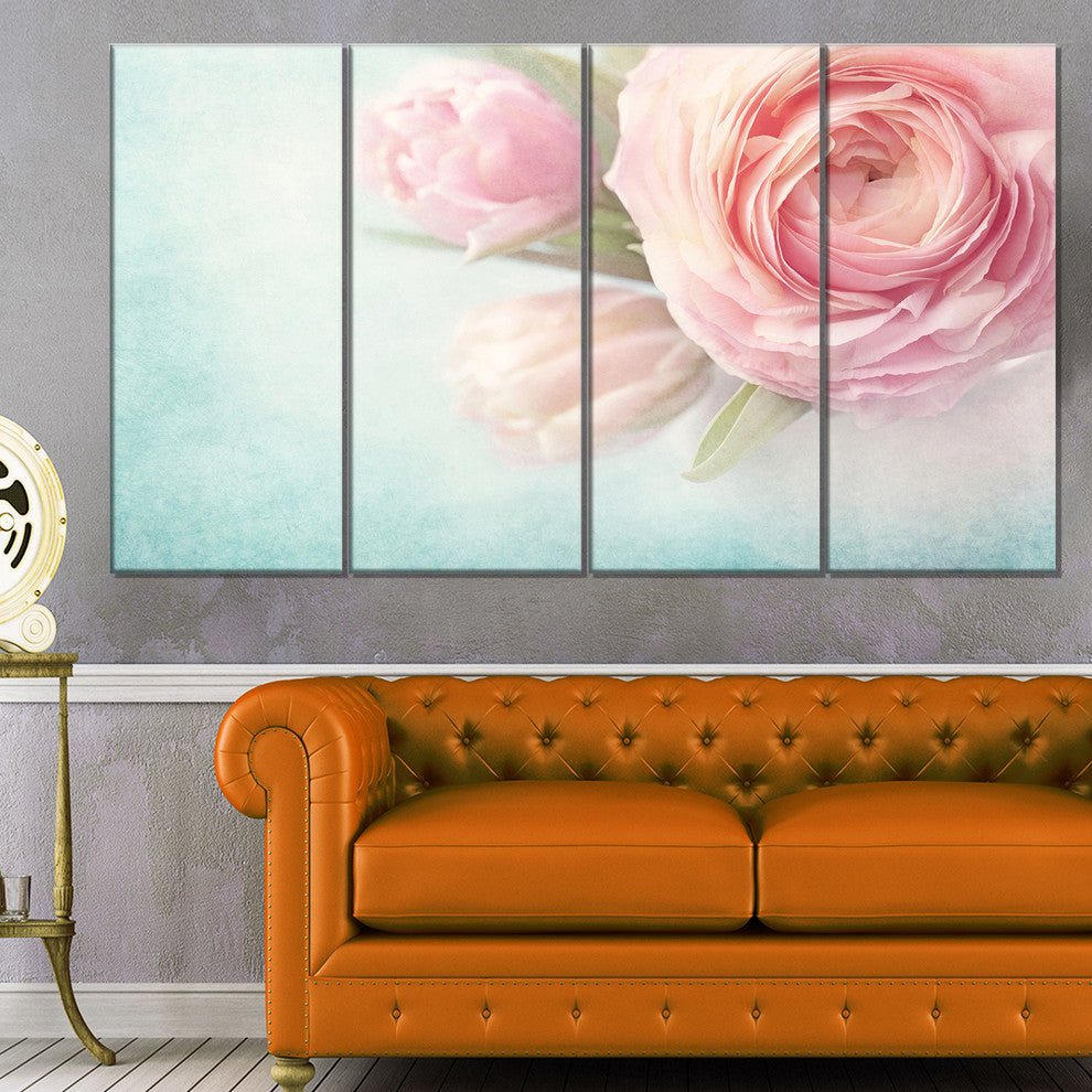 Pink Flowers against Blue Background, Floral Canvas Print, 48"x28", 4 Panels