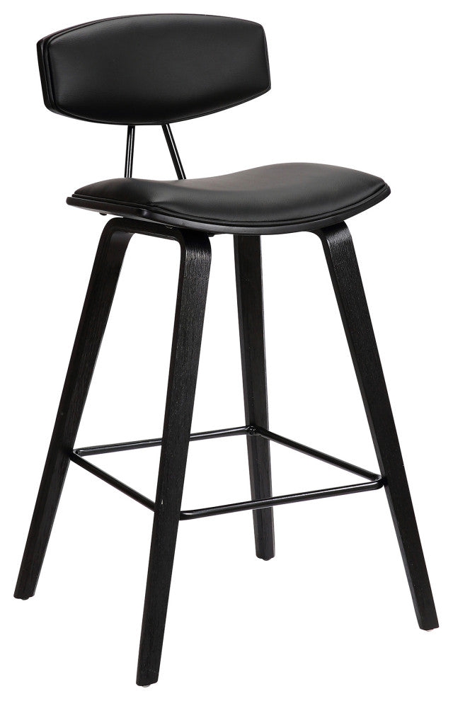 Fox 28.5" Mid-Century Bar Height Barstool, Black Faux Leather