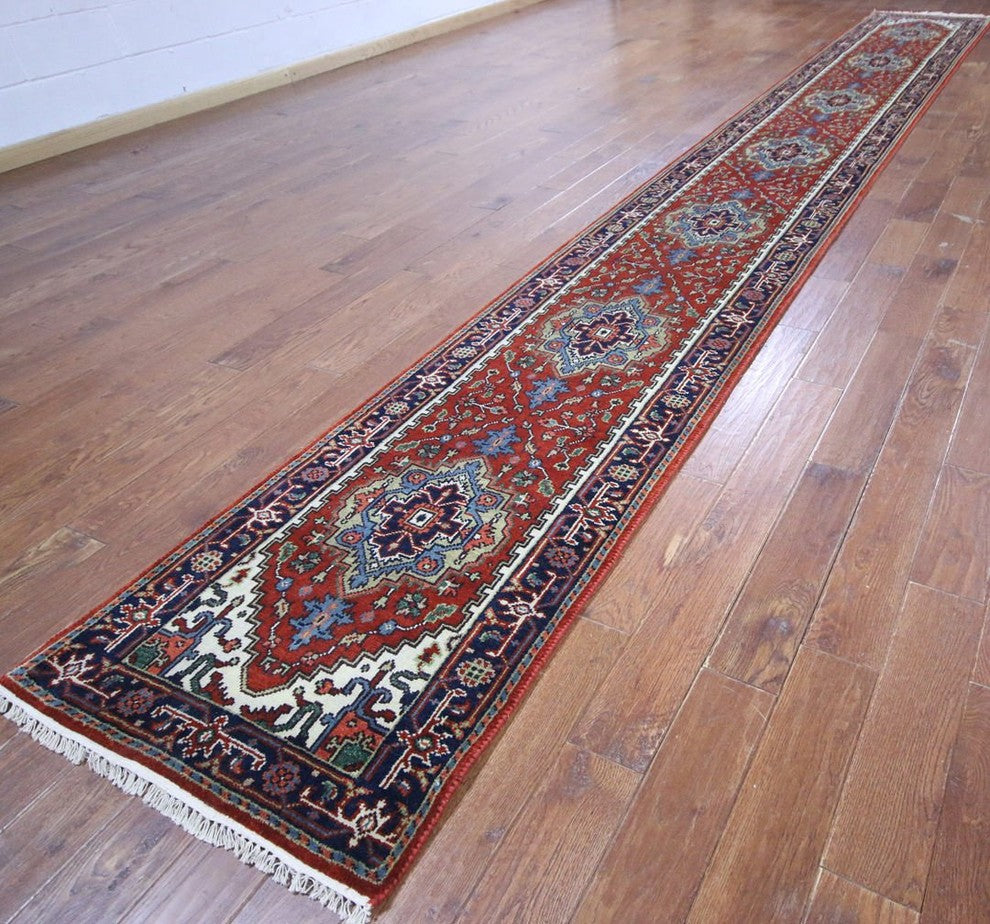 Oriental Red Heriz Serapi Hand-Knotted Wool Rug, 3'x20'