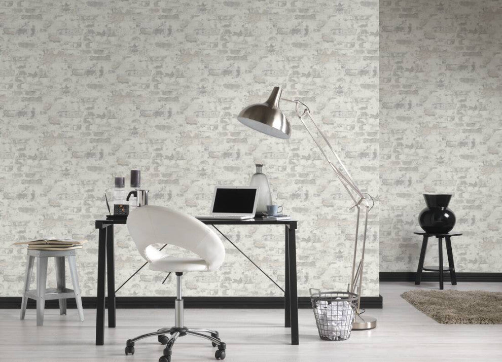 Textured Wallpaper Brick Rustic Cottage, Gray White, Sample