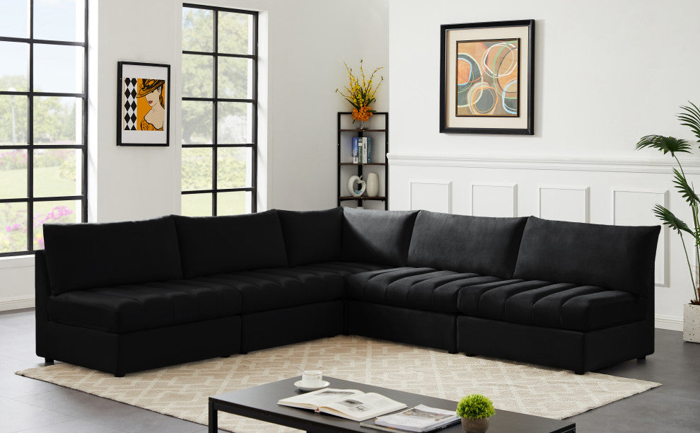Jacob Velvet Upholstered 5-Piece L-Shaped Modular Sectional, Black