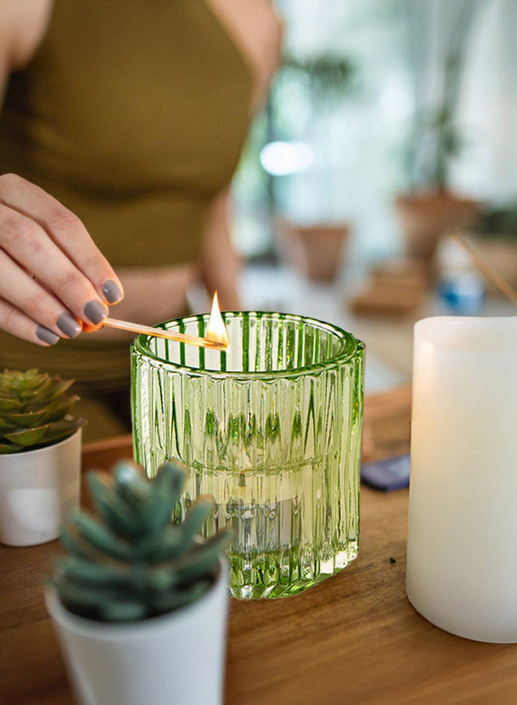 Green Ribbed Glass Votive Holders, Set of 4