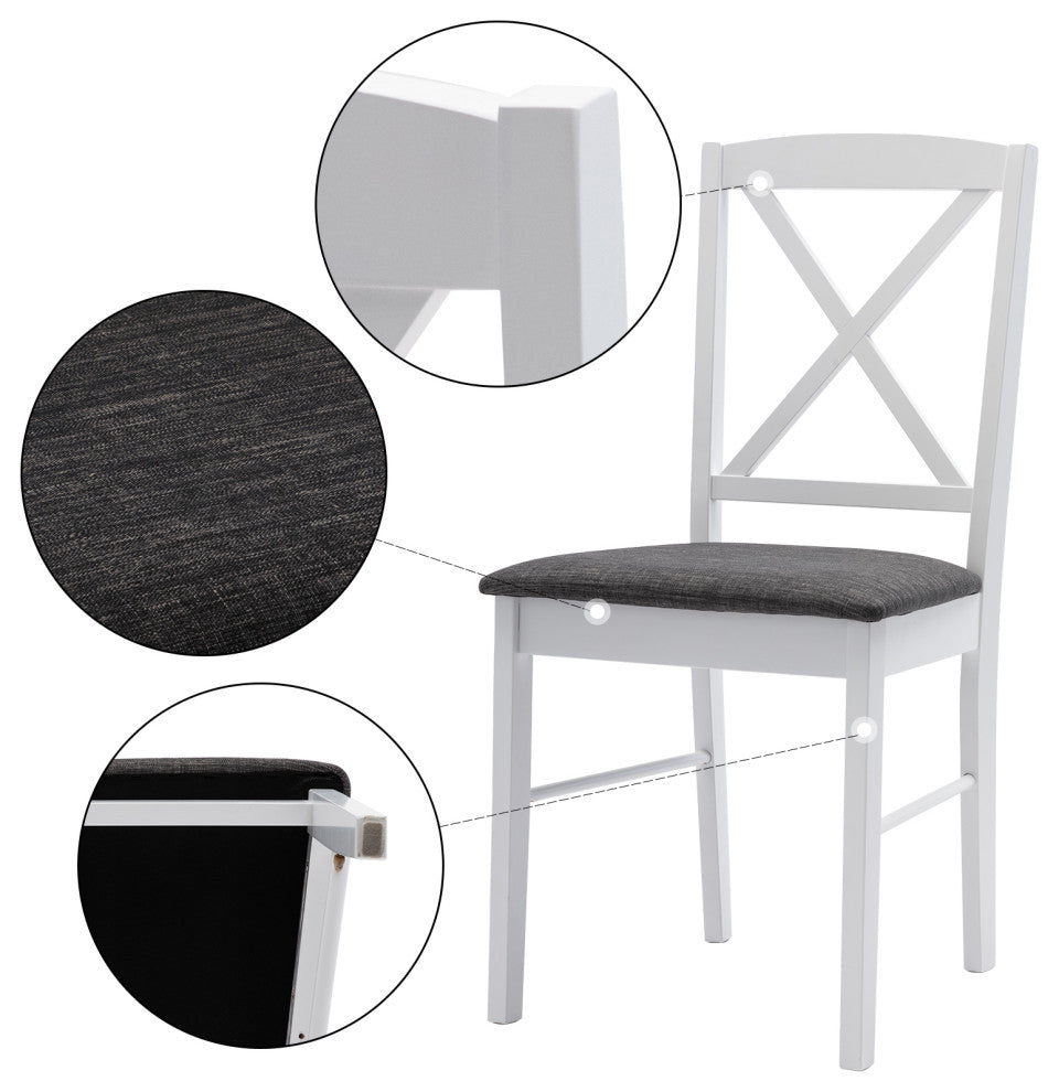 Set of 2 Cross Back Wood Chairs, White/Upholstered