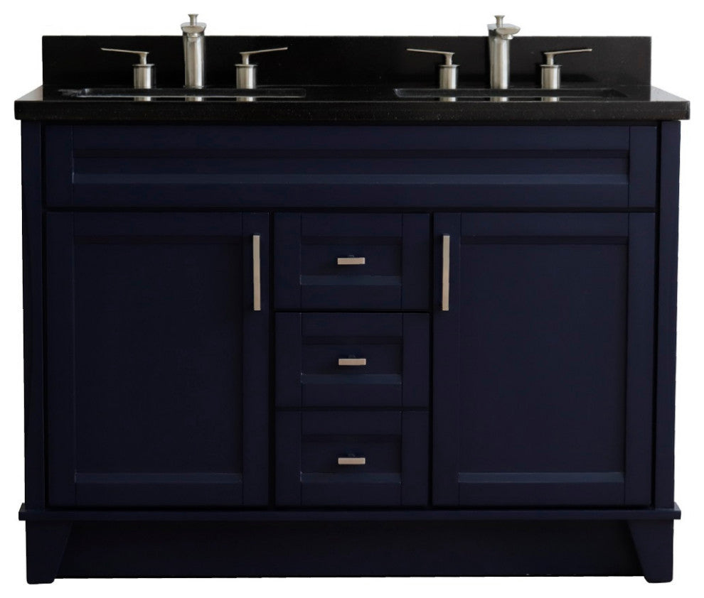 48" Double Sink Vanity, Blue Finish With Black Galaxy Granite