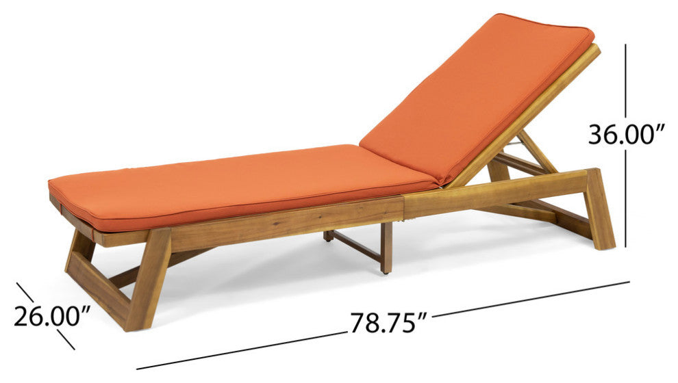 Charlotte Outdoor Acacia Wood Chaise Lounge and Cushion Set, Orange