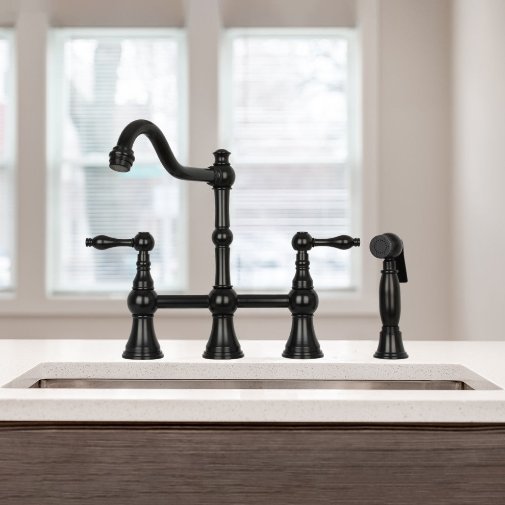 Two-Handles Copper Bridge Kitchen Faucet with Side Sprayer, Matte Black
