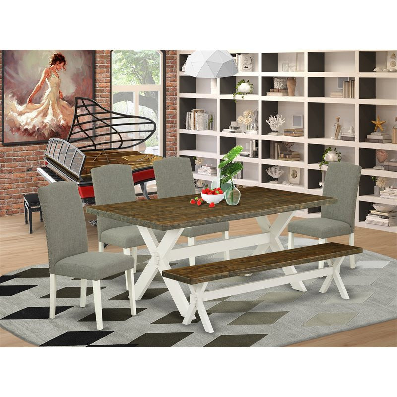 6-Piece Set Table and Color Small Bench and 4 Linen Fabric Chairs, Linen White