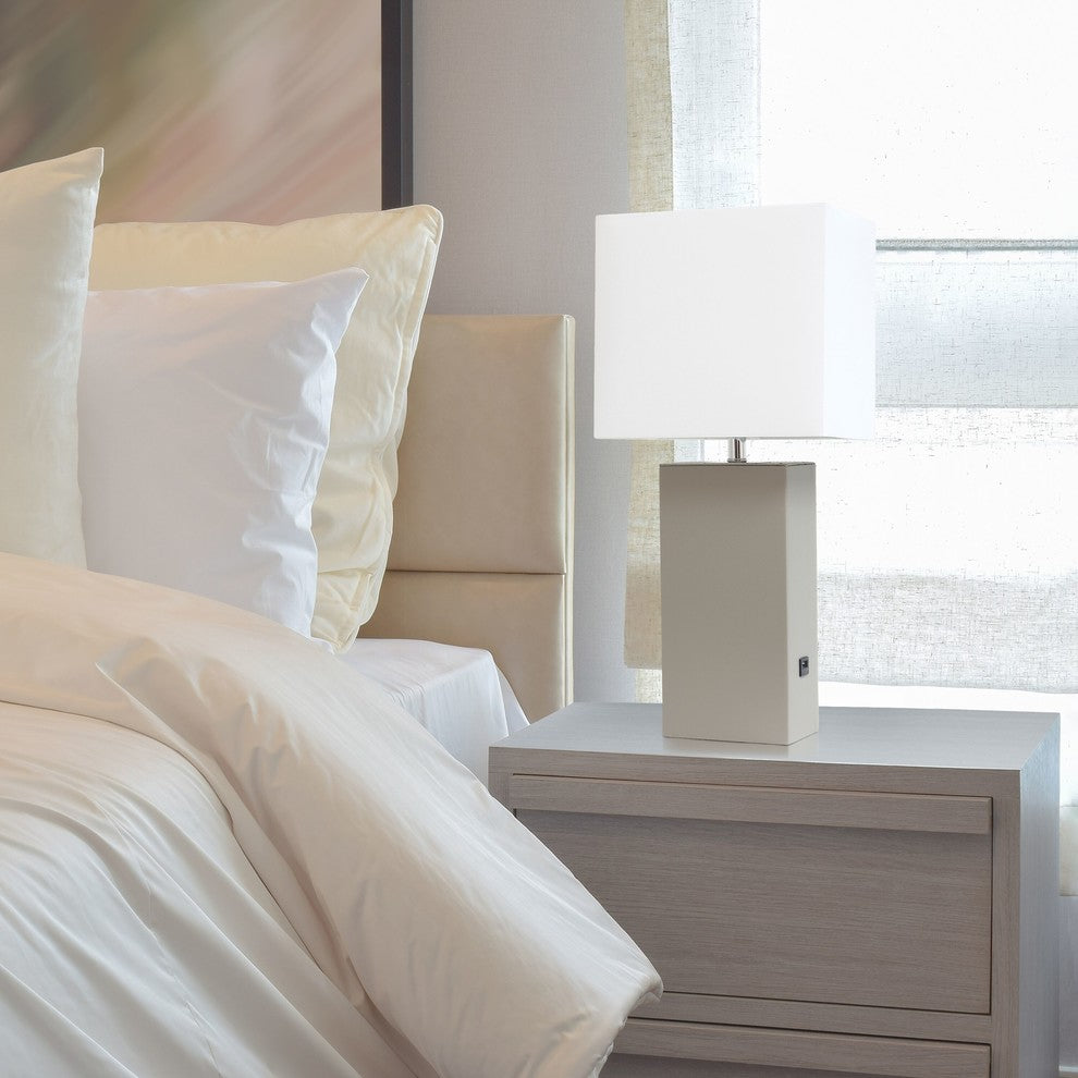 Elegant Designs Modern Leather Table Lamp With Usb and White Shade, Gray