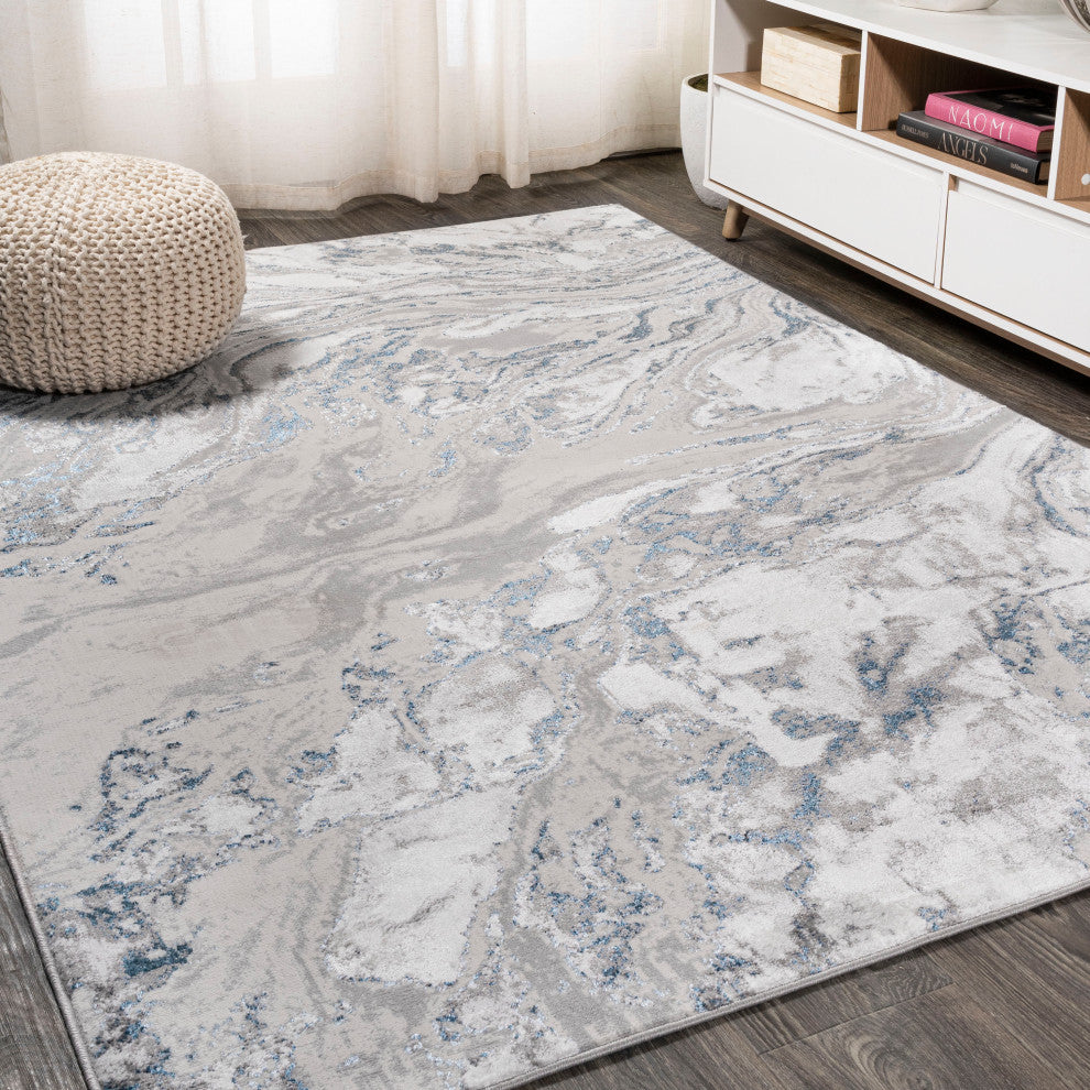 Swirl Marbled Abstract Area Rug, Gray/Blue, 4 X 6