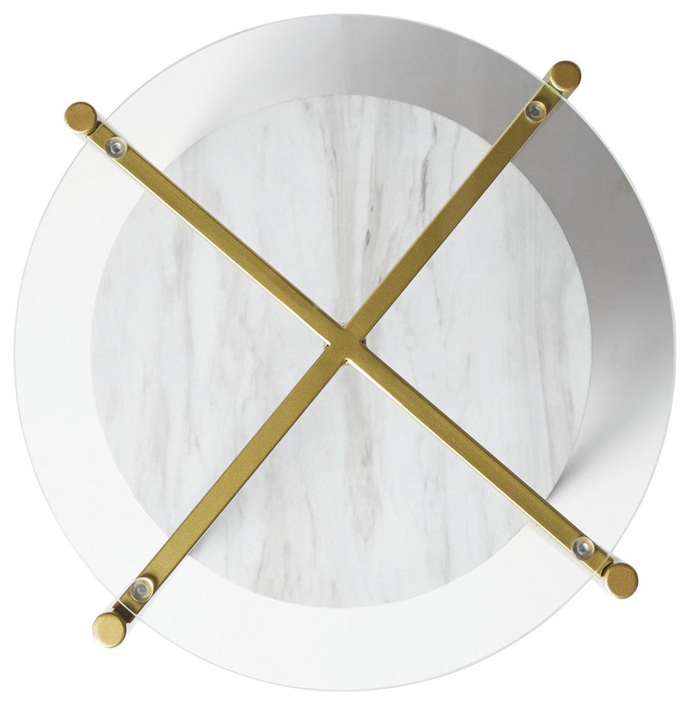 Benzara BM226512 Glass Top Metal End Table with Marble Shelf, Gold and White