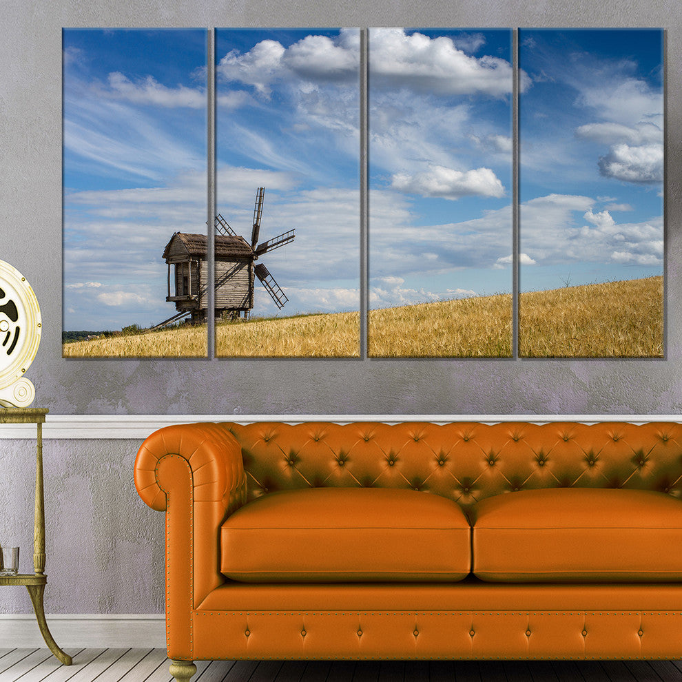 "Cloudy Sky And Windmill Summer Day" Landscape Wall Art, 4 Panels, 48"x28"