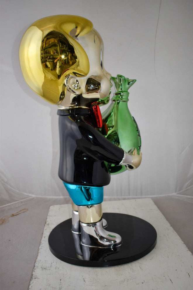 Excited Cartoon Boy Holding Money Bag Resin Statue Large Size: 16" x 16" x 32"