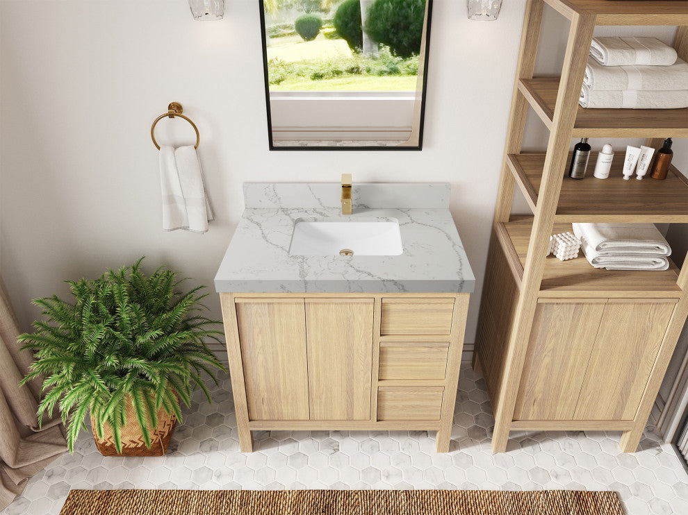 Elizabeth Oak 36" Center Sink Vanity, White 2" Venatino Quartz