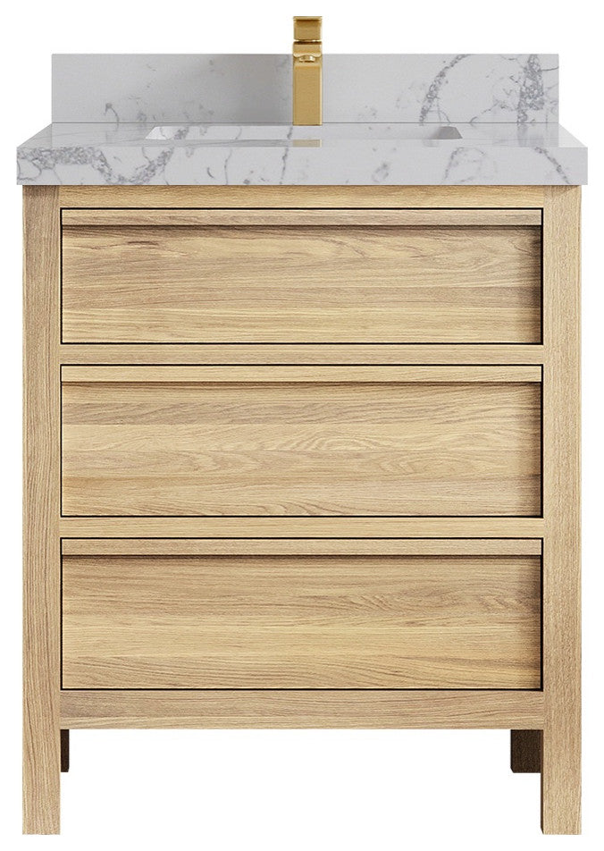 Elizabeth Oak 30" Single Sink Vanity, White 2" Venatino Quartz