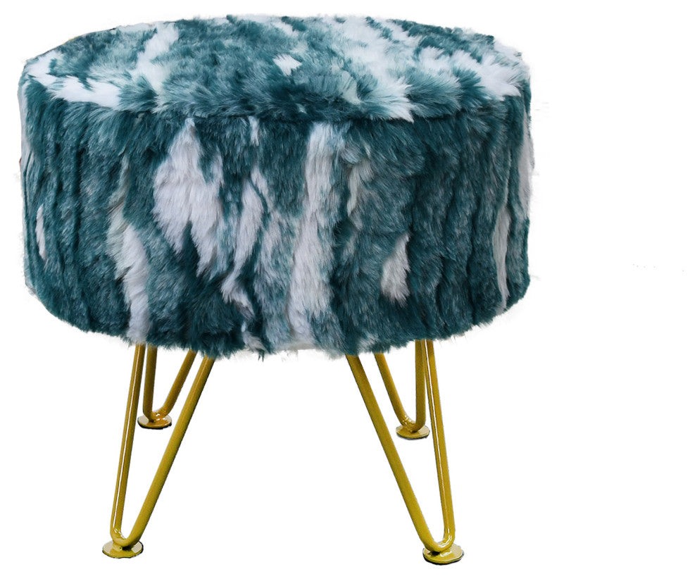 Fauxfur Ottoman Round Fuzzy Entryway Bench, Deep Teal, 18"x18"x18"