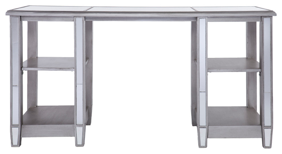 Beattie Mirrored Desk, Glam Style, Brushed Matte Silver With Mirror