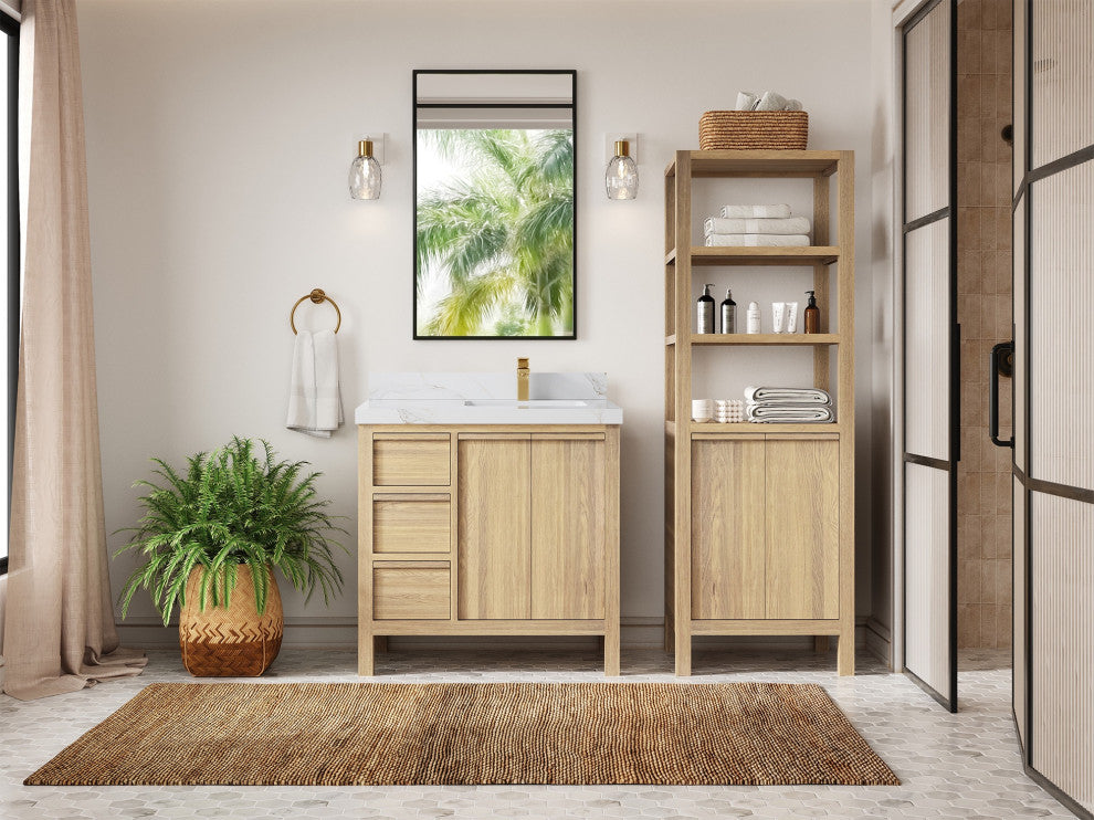 Elizabeth Oak 36" Right Offset Sink Vanity, White 2" Calacatta Sienna