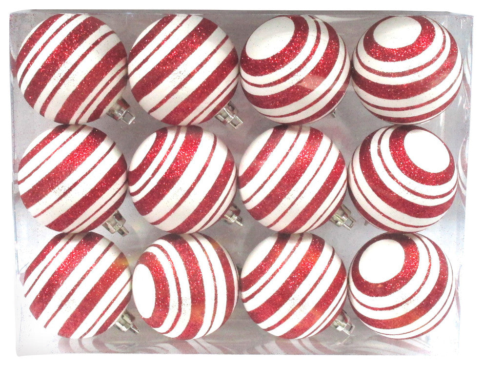 Red And White Ball Ornament With Line Design 12 Pack