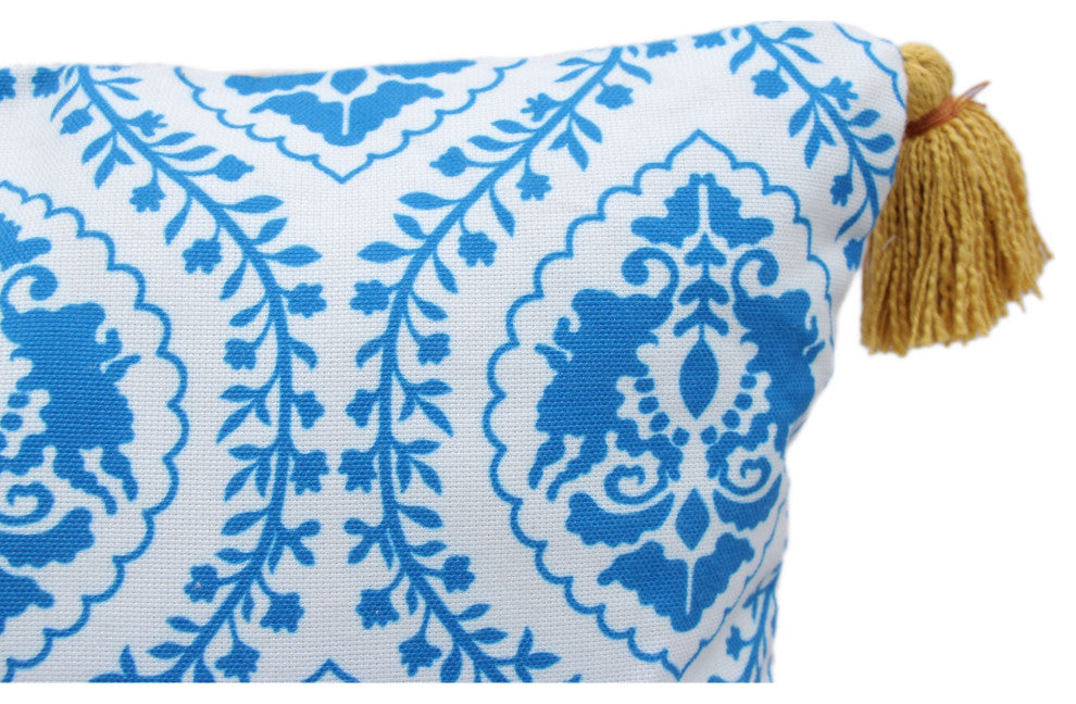 Blue & White Machine Woven with Tassels Woodrow Throw Pillow, 20" x 20"