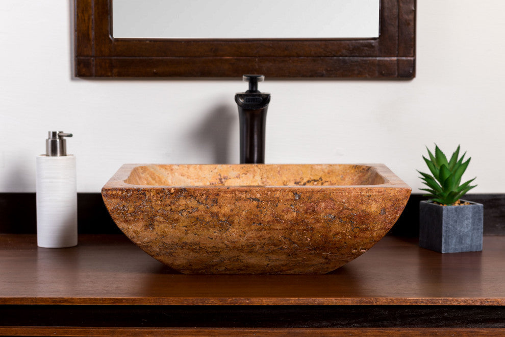 Natural Stone Vessel Bathroom Sink, Rectangular Travertine Sink, Peach