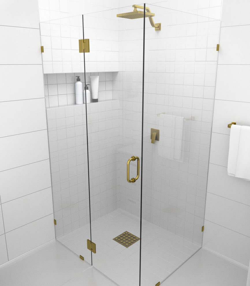 78"x59"x44" Frameless 90 Degree Shower Enclosure Glass Hinge, Satin Brass