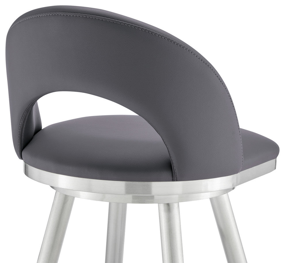 Lottech Swivel Bar Stool, Brushed Stainless Steel With Faux Leather, Gray