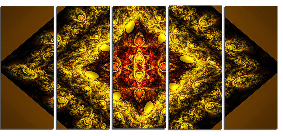 Cabalistic Yellow Fractal Design, Abstract Wall Art Canvas, 60"x28", 5 Panels