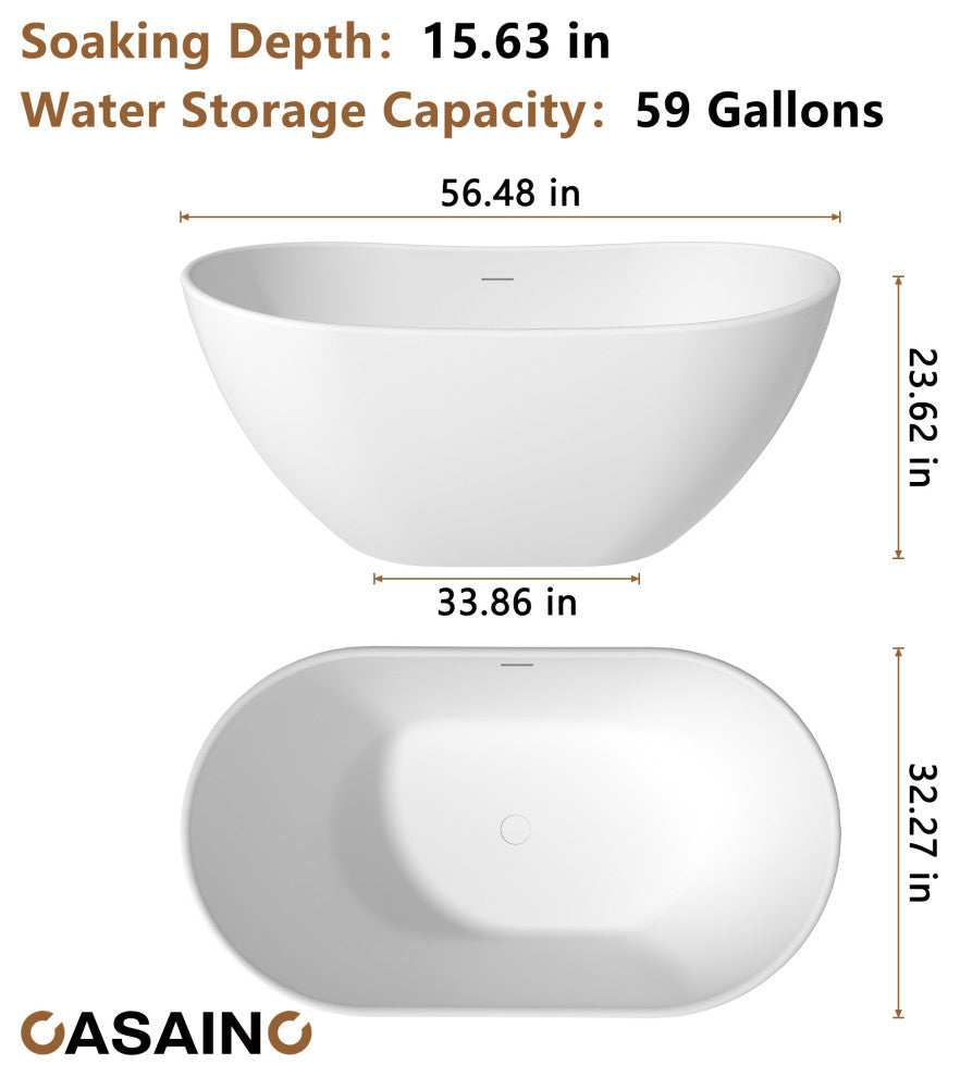 Solid Surface Stone Freestanding Tub Soak in Style with Matte White Finish, 57in