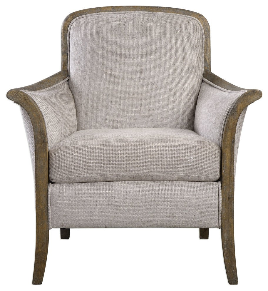 Weathered Exposed Wood Curved Arm Chair, Beige Taupe Living Room