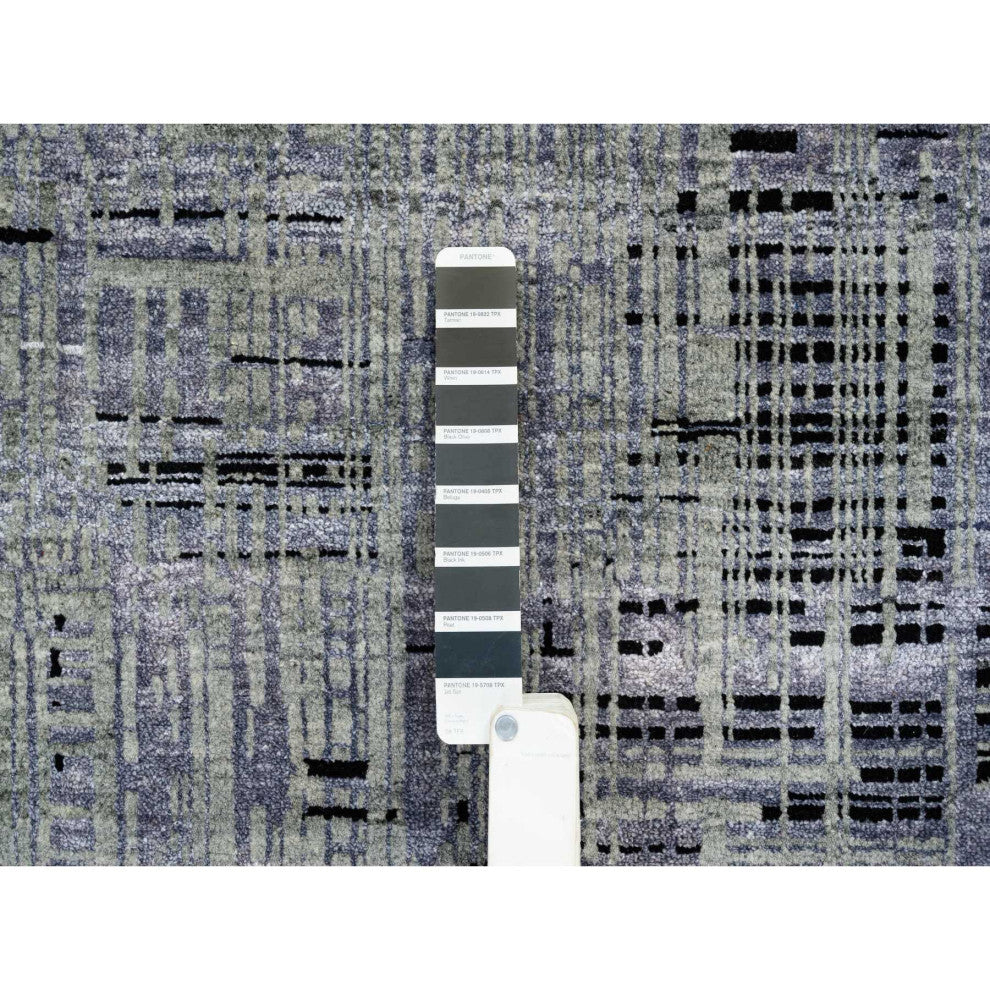Black and Gray Ghazni Wool and Silk Modern Design Hand Knotted Rug, 8'0"x10'0"