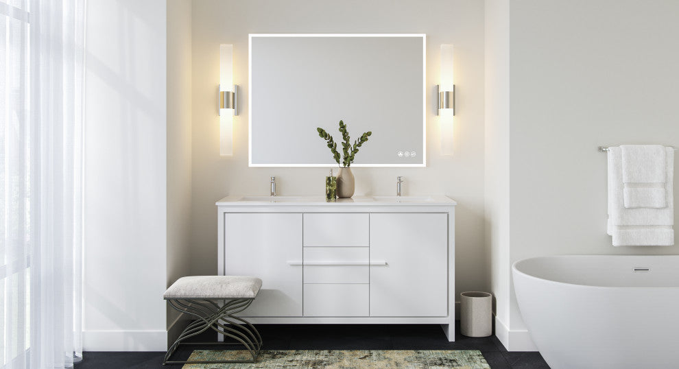 Esconde Bath Vanity, High Gloss White, 60", Double Sink, Freestanding