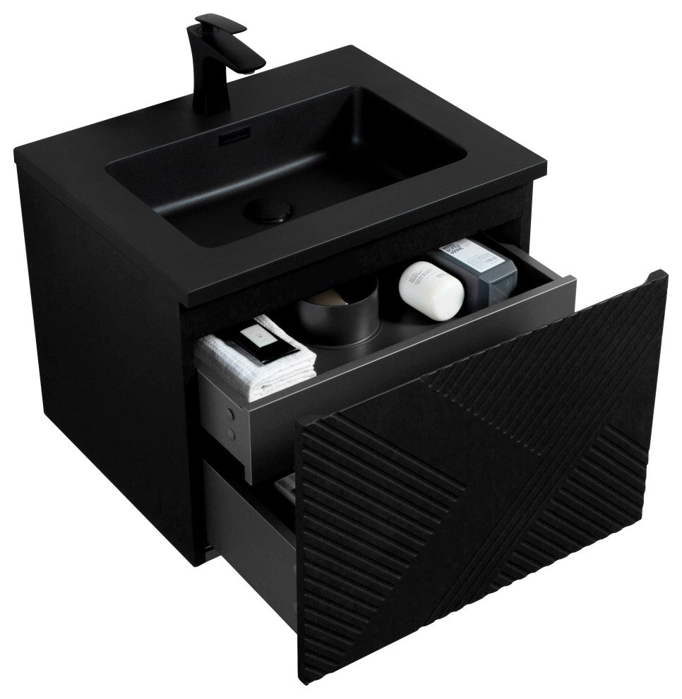 Matte Black Wall Mount Bath Vanity, Integrated Sink, Black Sink, 24"