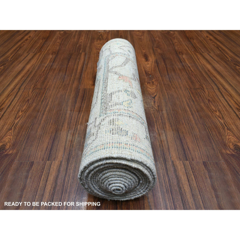 Silver Gray Pure Wool Hand Knotted Afghan Angora Ushak XL Runner Rug, 2'6"x16'1"