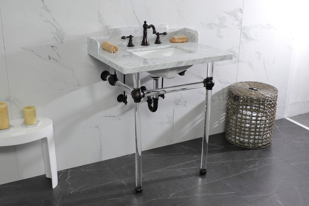 Kingston Brass LMS30MASQ5 30" Carrara Marble Console Sink, Acrylic Legs