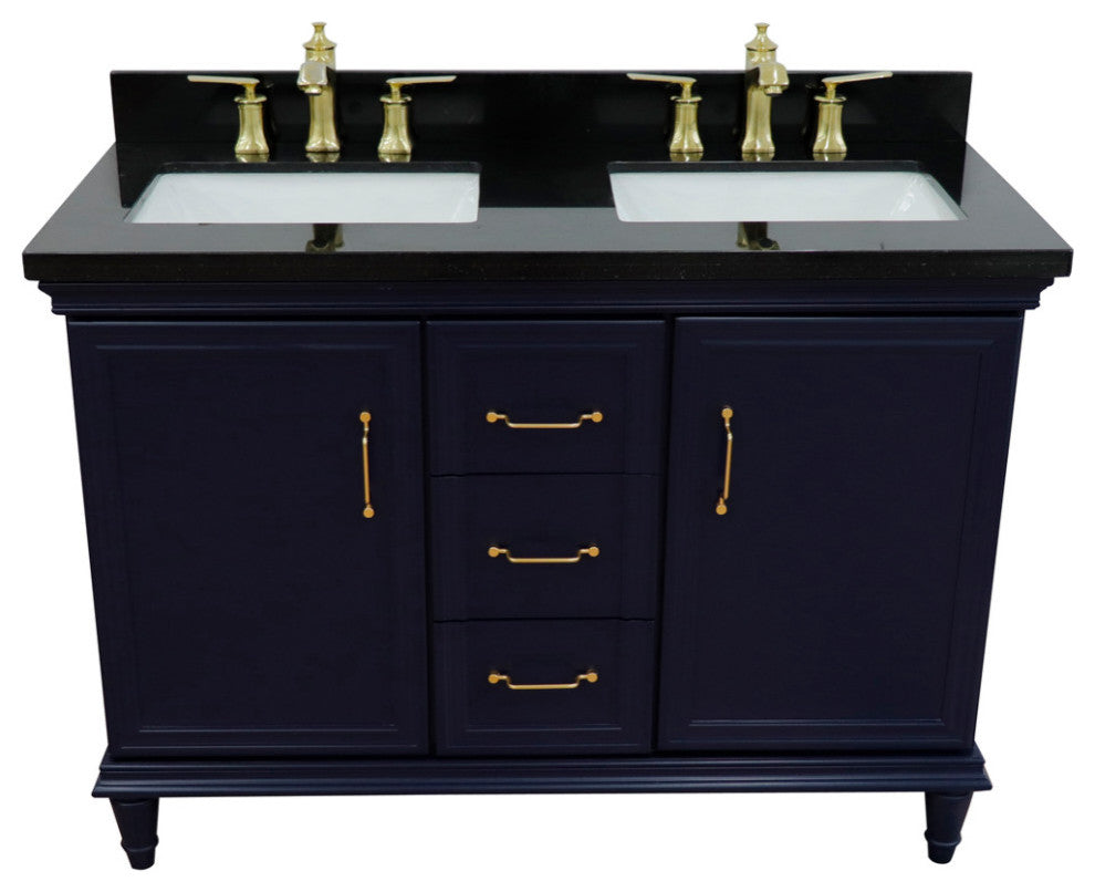 49" Double Vanity, Blue Finish With Black Galaxy And Rectangle Sink