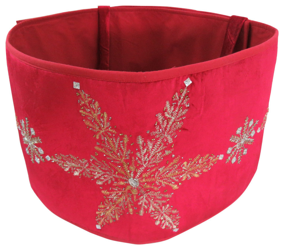 Handmade Adjustable Christmas Tree Collar - Silver Snowflakes on Red Velvet