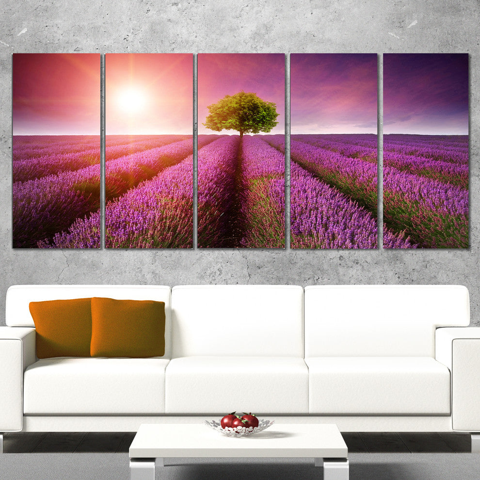 Purple Sky over Stunning Lavender Field, Floral Canvas Print, 60"x28", 5 Panels