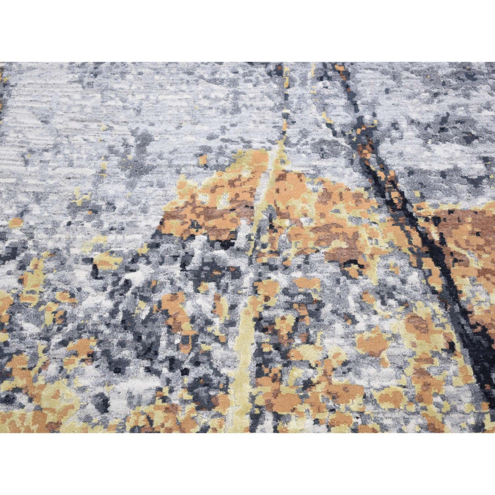Sea Blue With Brown Fossil Design Wool and Silk Hand Knotted Rug, 10'x14'