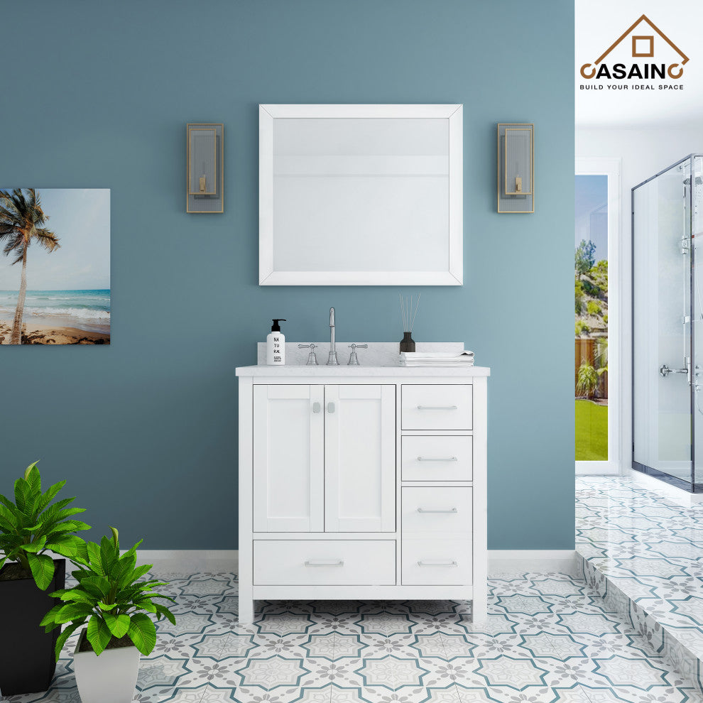 CASAINC 36" Single Sink Freestanding Marble Top Bathroom Vanity, White